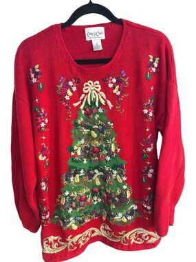 Vtg 90s Carly St. Claire Ugly Christmas Sweater Sz L Embroidered Sequin Holiday